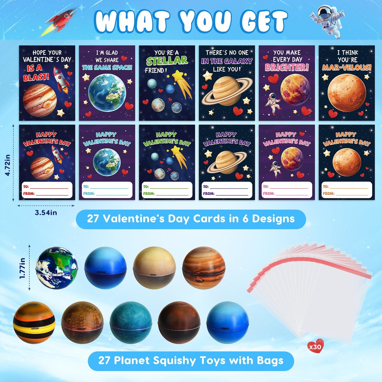 TooyBing Valentines Day Gifts for Kids – 27-Pack Space Cards & Planet Ball Toys for Classroom