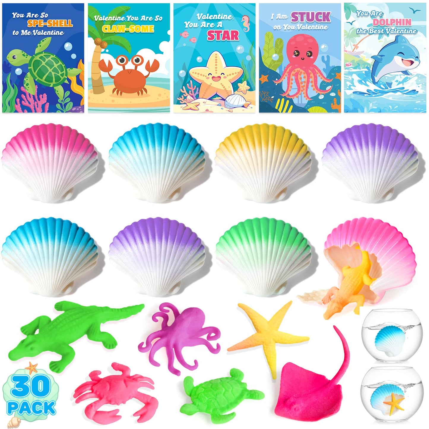 TooyBing Valentines Day Cards for Kids – 30-Pack Seashell Gifts with Marine Life Blind Boxes