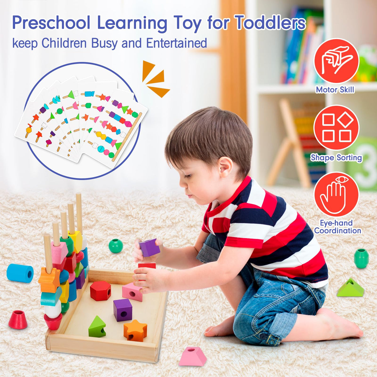 TooyBing Montessori Wooden Lacing Beads – Sequencing & Stacking Toy for 3-4 Year Olds