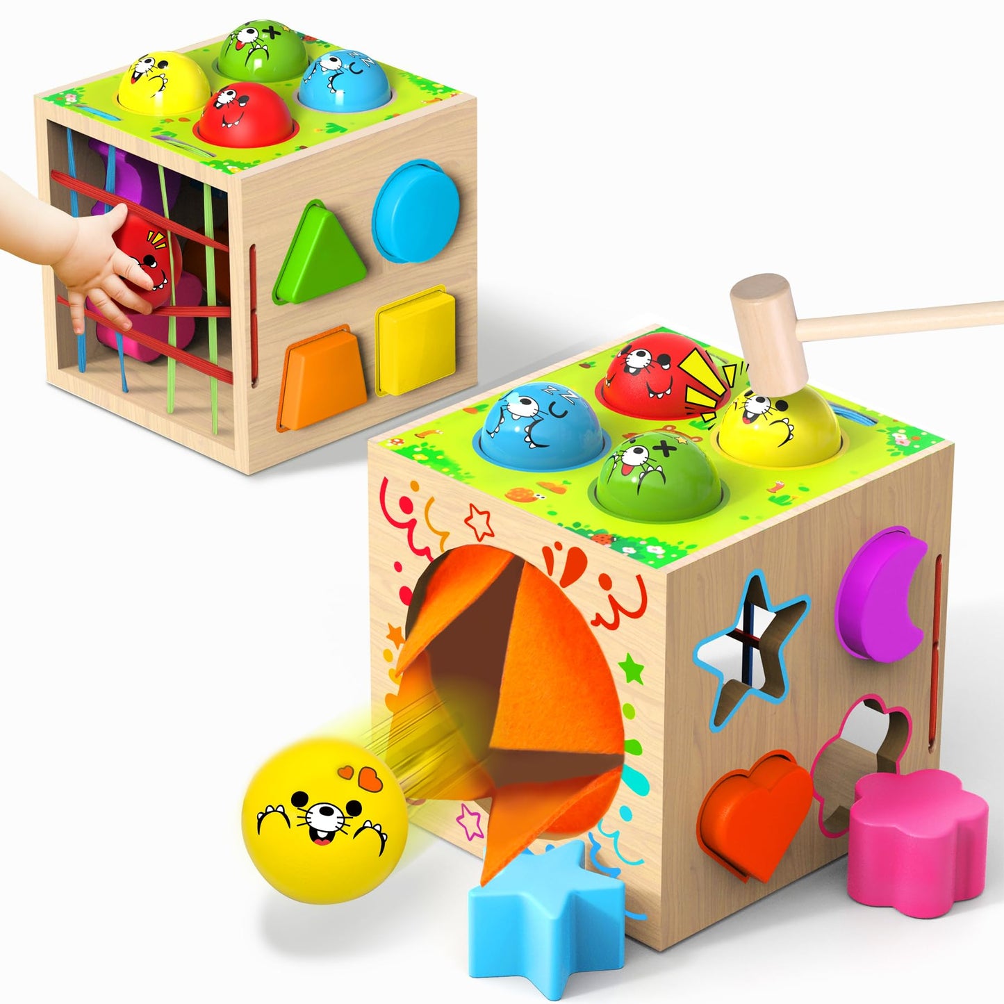 Tooysea 4-in-1 Montessori Toy Cube for Toddlers 1-3 | Shape Sorting, Hammering, Blocks & Sensory Play