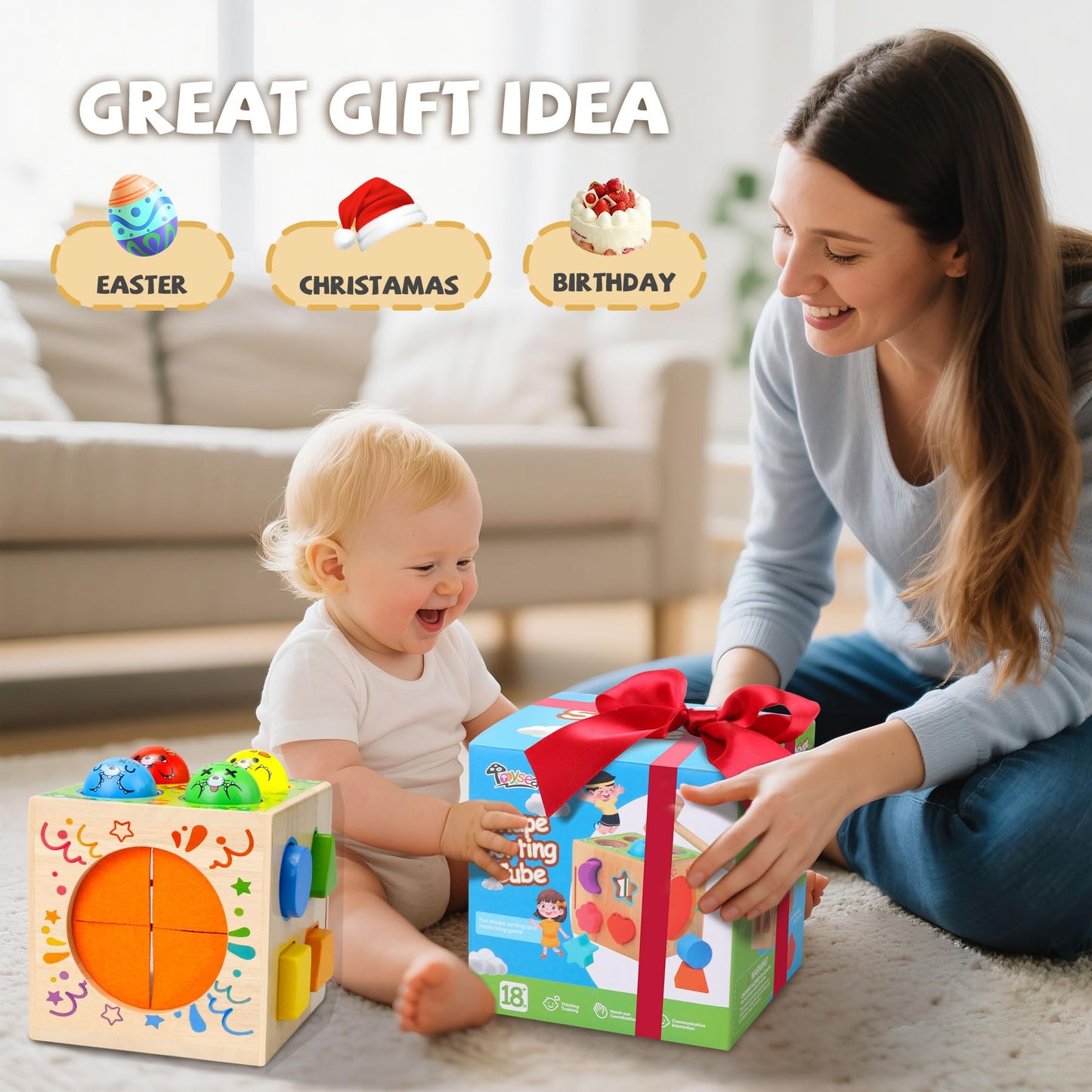 Tooysea 4-in-1 Montessori Toy Cube for Toddlers 1-3 | Shape Sorting, Hammering, Blocks & Sensory Play