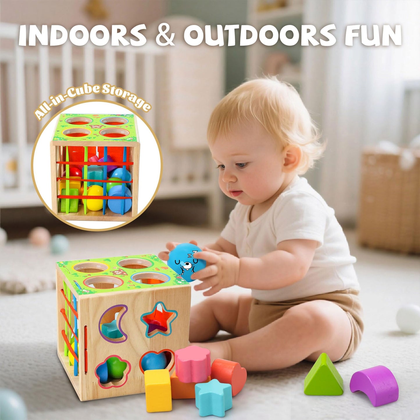 Tooysea 4-in-1 Montessori Toy Cube for Toddlers 1-3 | Shape Sorting, Hammering, Blocks & Sensory Play