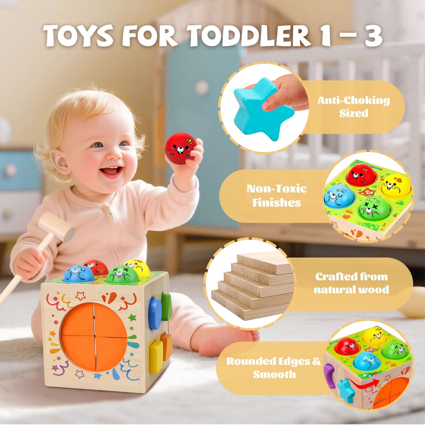 Tooysea 4-in-1 Montessori Toy Cube for Toddlers 1-3 | Shape Sorting, Hammering, Blocks & Sensory Play