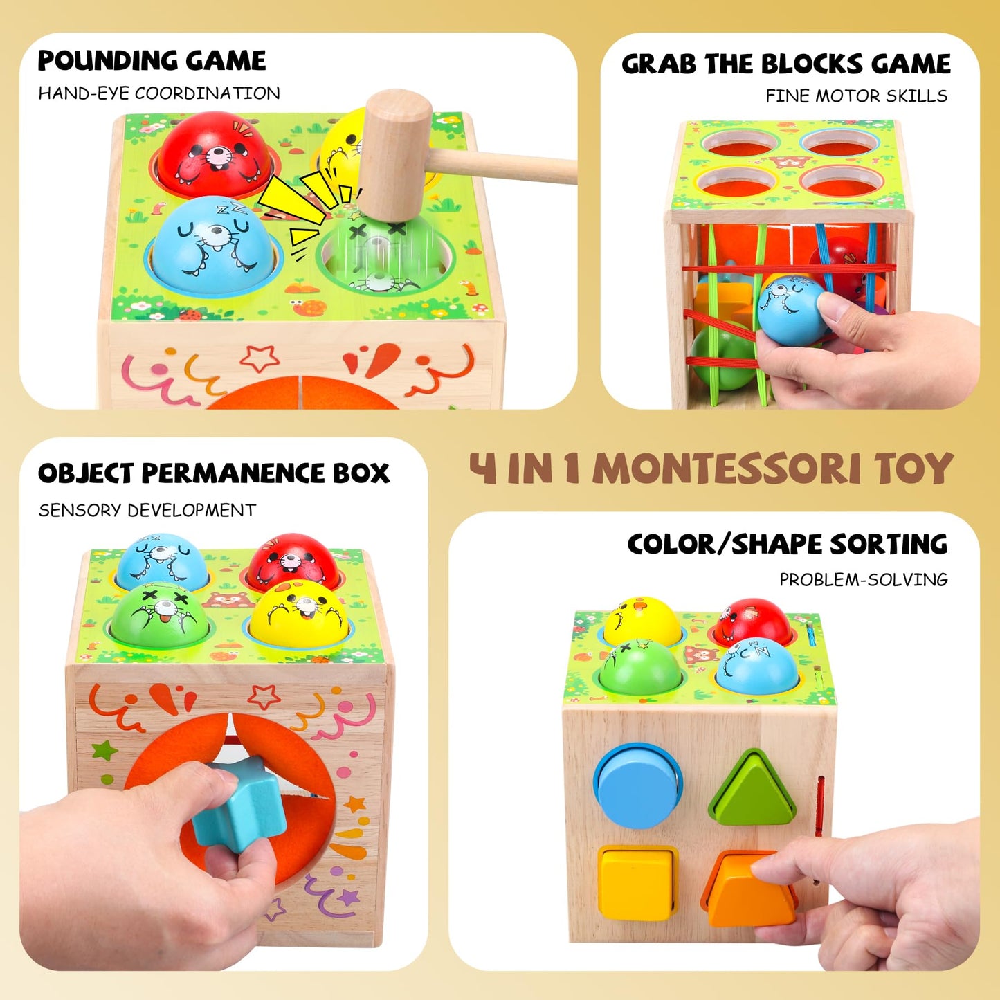 Tooysea 4-in-1 Montessori Toy Cube for Toddlers 1-3 | Shape Sorting, Hammering, Blocks & Sensory Play