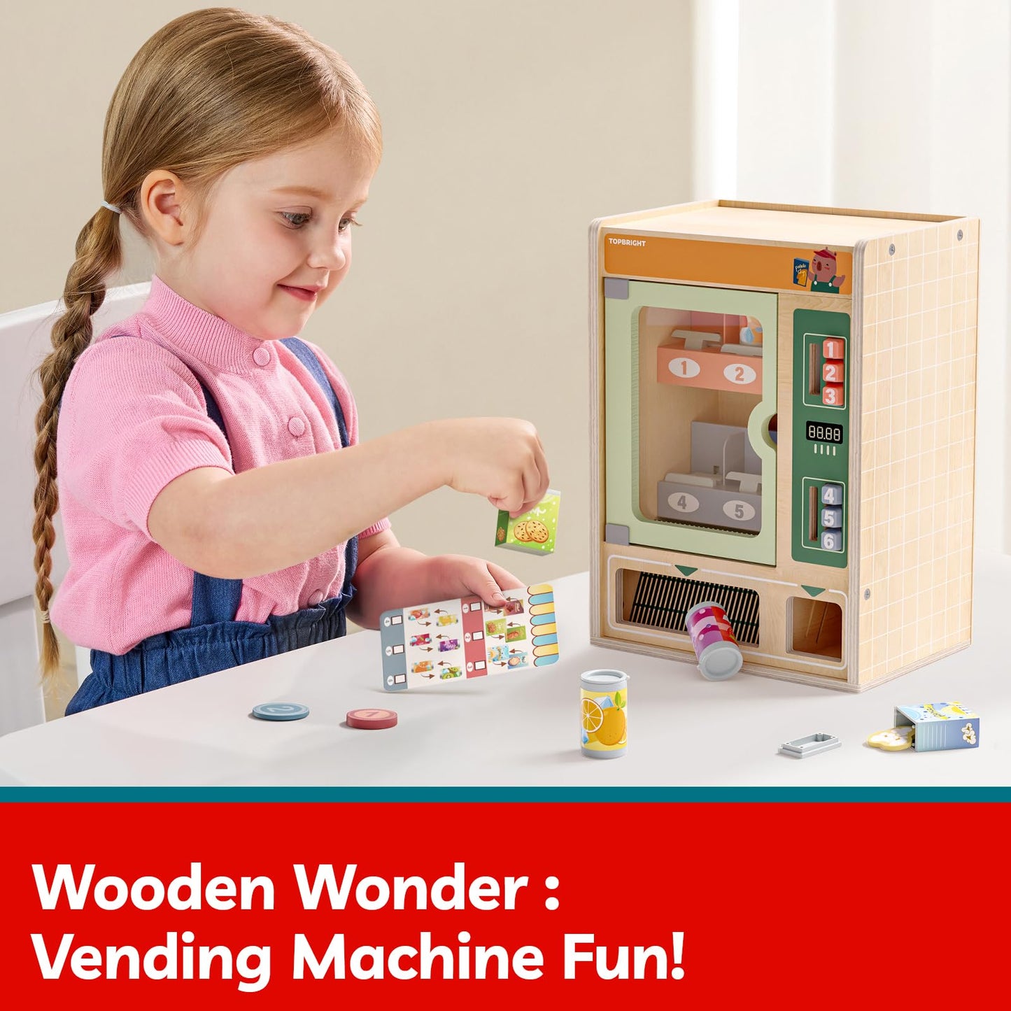 TOP BRIGHT Wooden Vending Machine Play Set – Montessori Pretend Play for Kids 3+