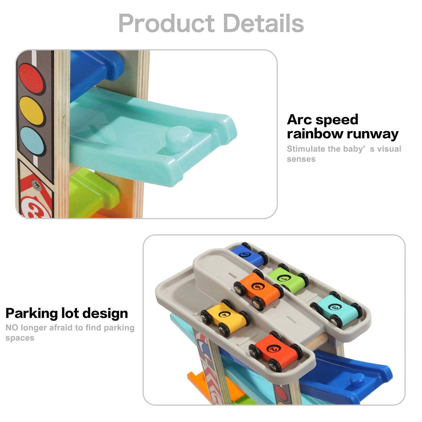 TOP BRIGHT Wooden Car Ramp Race Track Toy – Montessori Learning, 6 Mini Cars for Toddlers 1-4