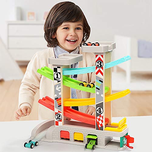 TOP BRIGHT Car Ramp Toys – Toddler Race Track with 4 Cars, Parking Lot & Gas Station (Ages 2-4)