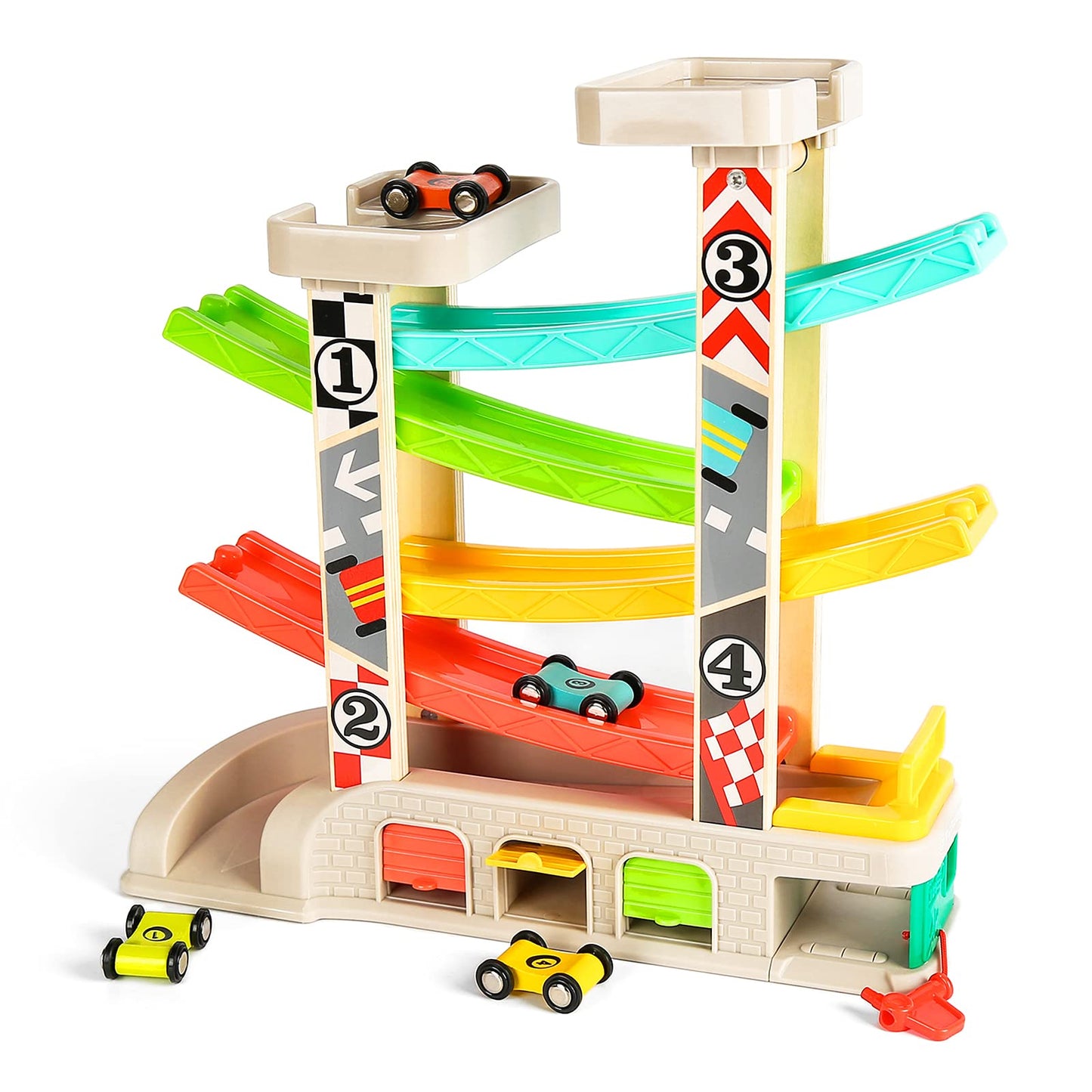 TOP BRIGHT Car Ramp Toys – Toddler Race Track with 4 Cars, Parking Lot & Gas Station (Ages 2-4)