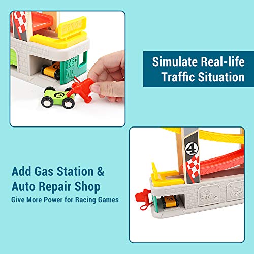 TOP BRIGHT Car Ramp Toys – Toddler Race Track with 4 Cars, Parking Lot & Gas Station (Ages 2-4)
