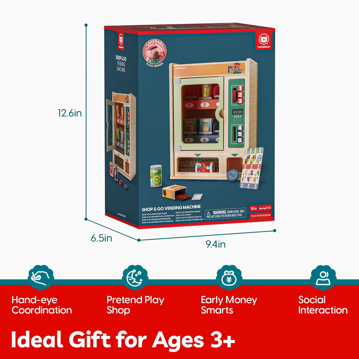 TOP BRIGHT Wooden Vending Machine Play Set – Montessori Pretend Play for Kids 3+