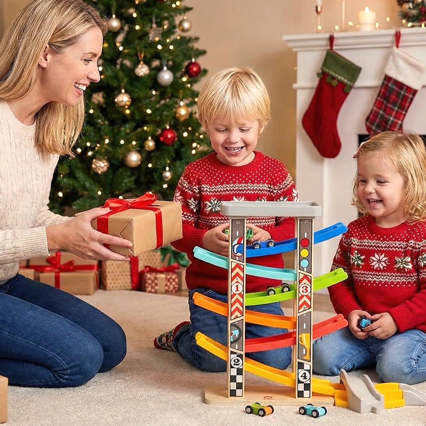 TOP BRIGHT Wooden Car Ramp Race Track Toy – Montessori Learning, 6 Mini Cars for Toddlers 1-4