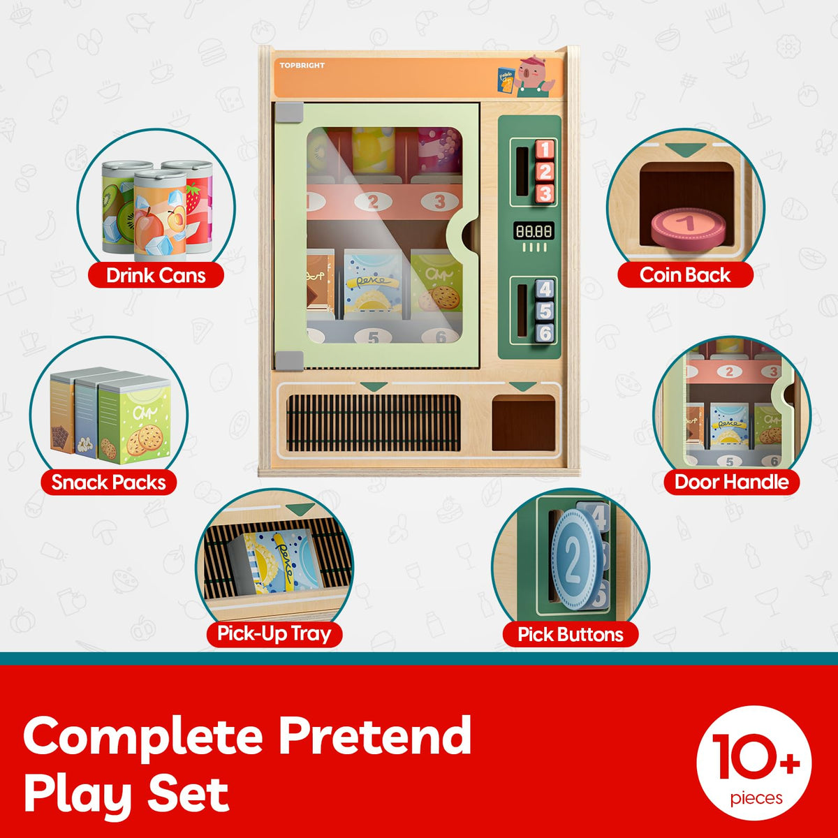 TOP BRIGHT Wooden Vending Machine Play Set – Montessori Pretend Play for Kids 3+