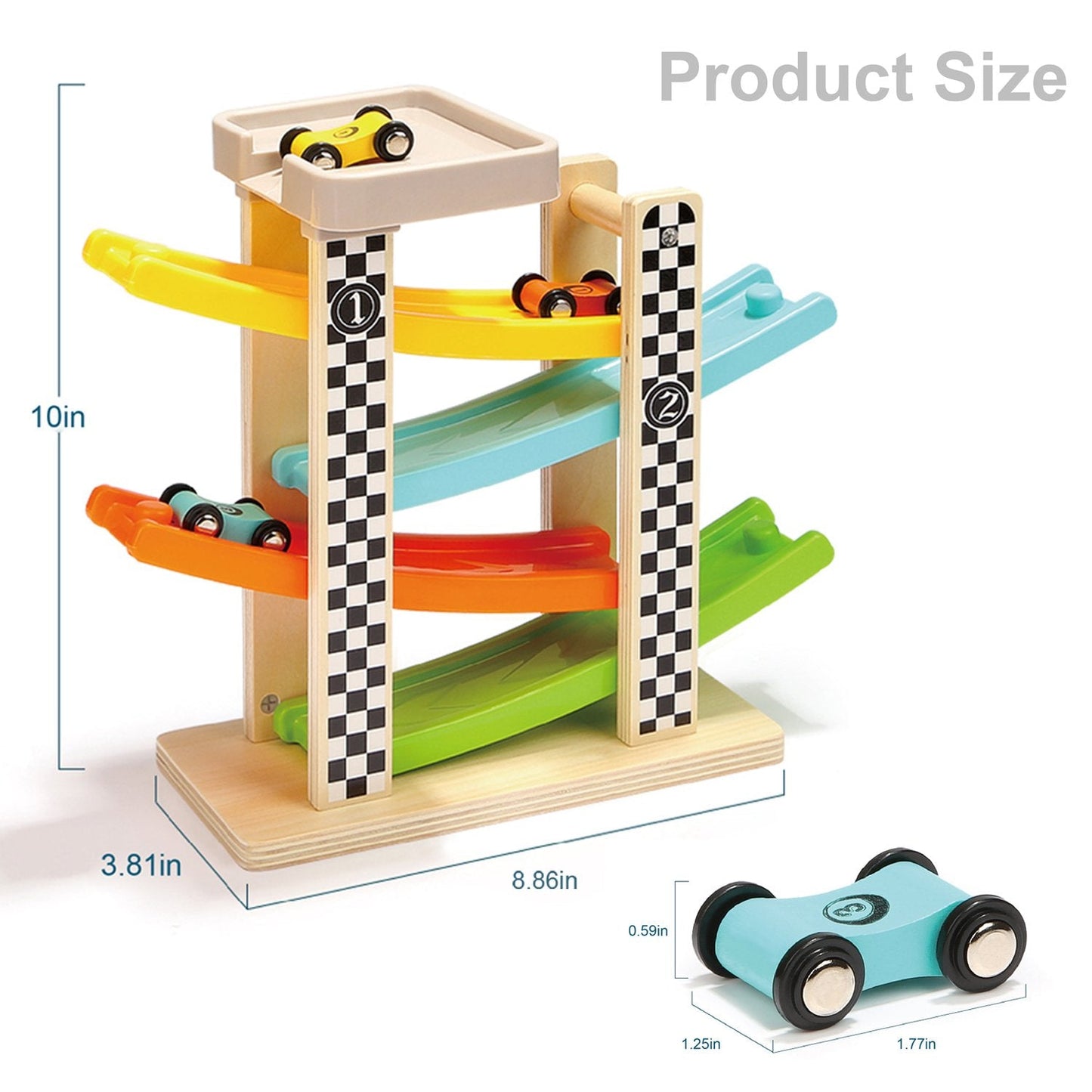 TOP BRIGHT Wooden Race Track Toy for 1-2 Year Olds – 4-Car Ramp Racer Gift