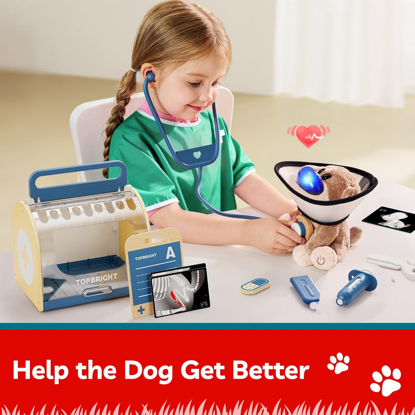 TOP BRIGHT Doctor Kit for Toddlers (3-5) – Pretend Play Vet Set with Wooden Medical Kit