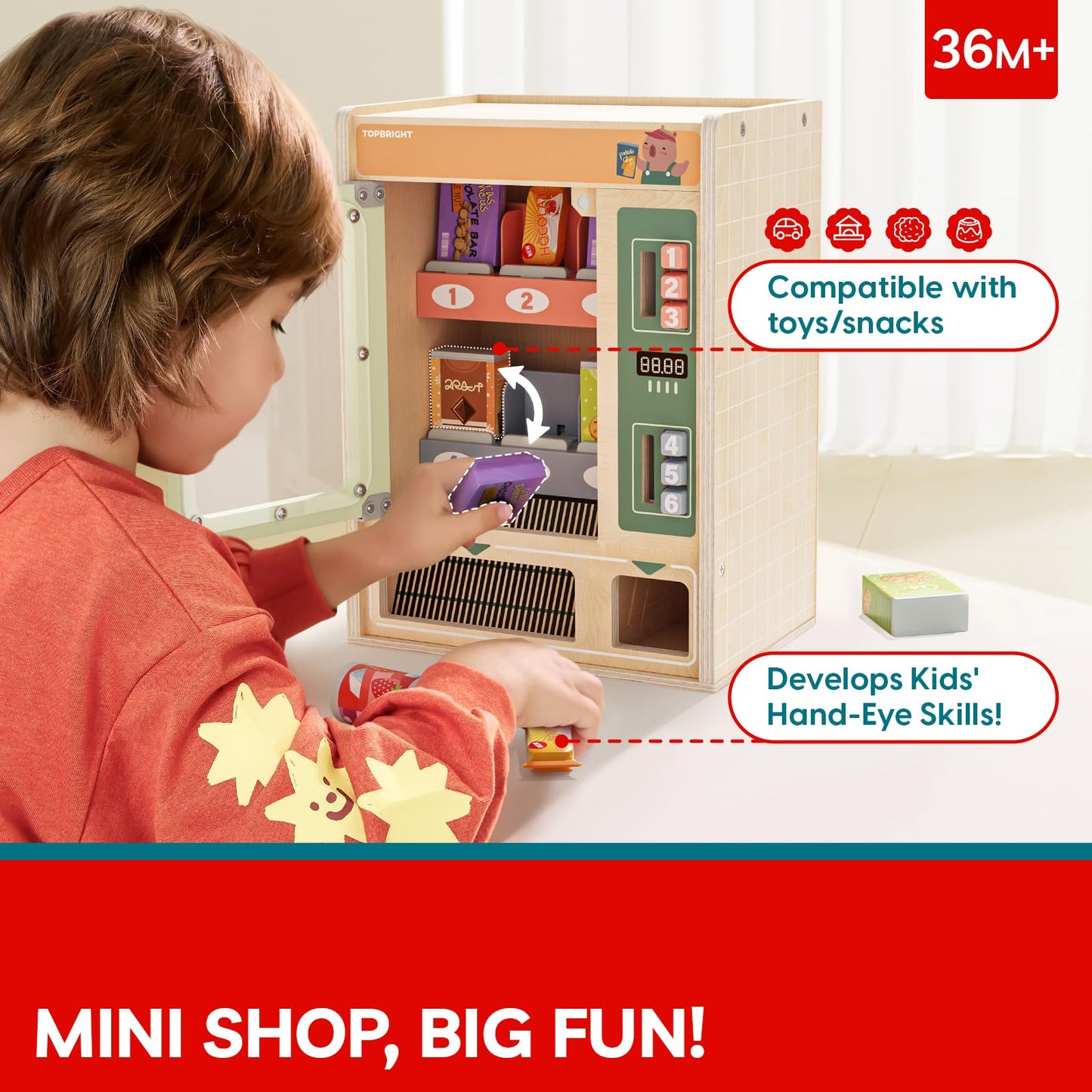 TOP BRIGHT Wooden Vending Machine Play Set – Montessori Pretend Play for Kids 3+