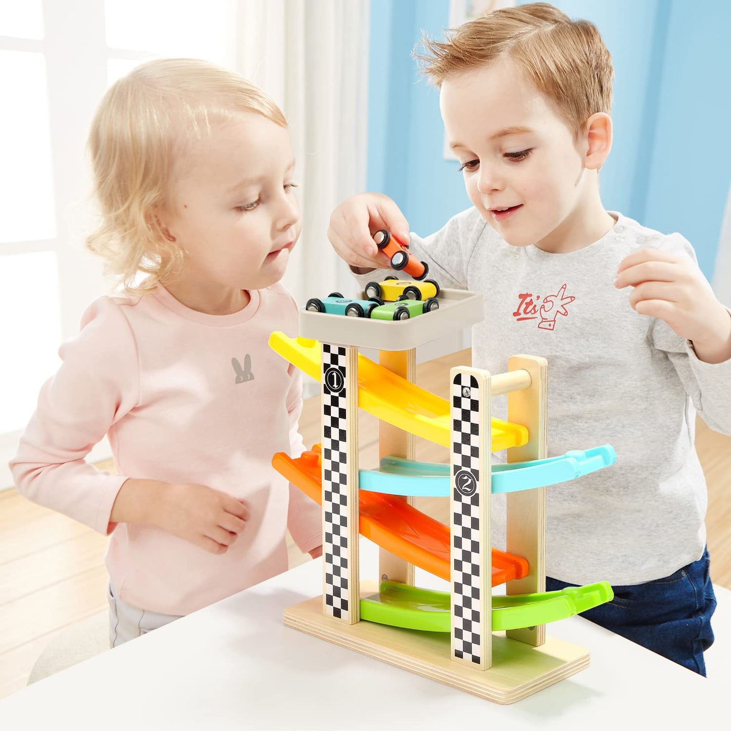 TOP BRIGHT Wooden Race Track Toy for 1-2 Year Olds – 4-Car Ramp Racer Gift
