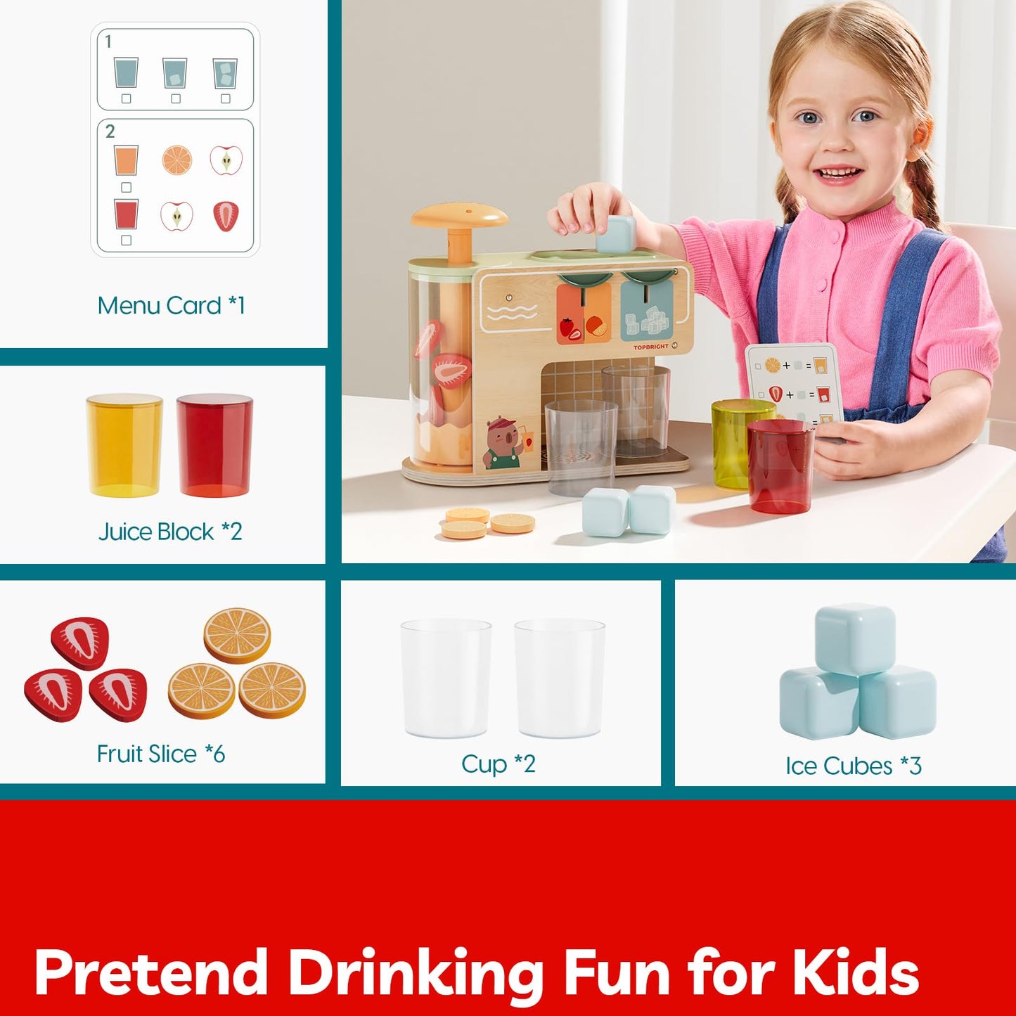 TOP BRIGHT Wooden Drink Dispenser – Pretend Play Toy for Kids 3+