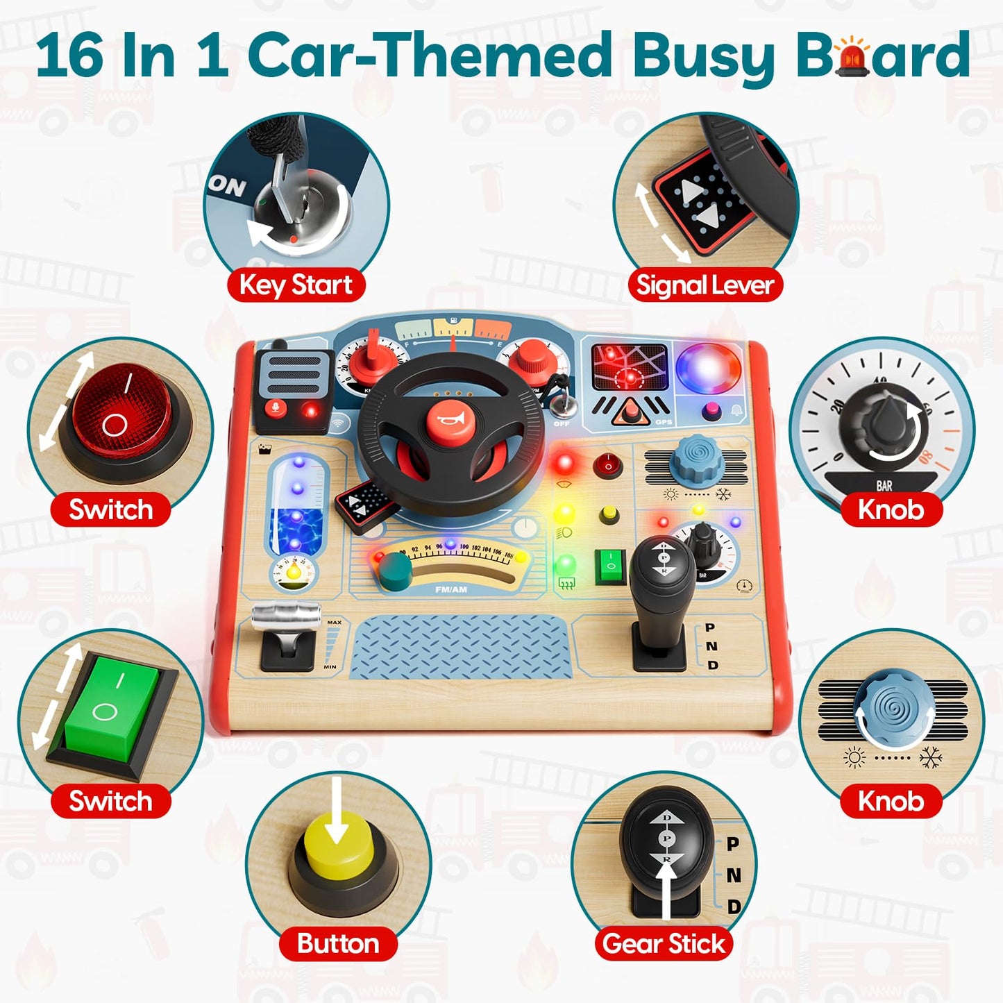 TOP BRIGHT Montessori Busy Board with LED Light – Car-Themed Sensory & Fine Motor Toy for Toddlers 3-5