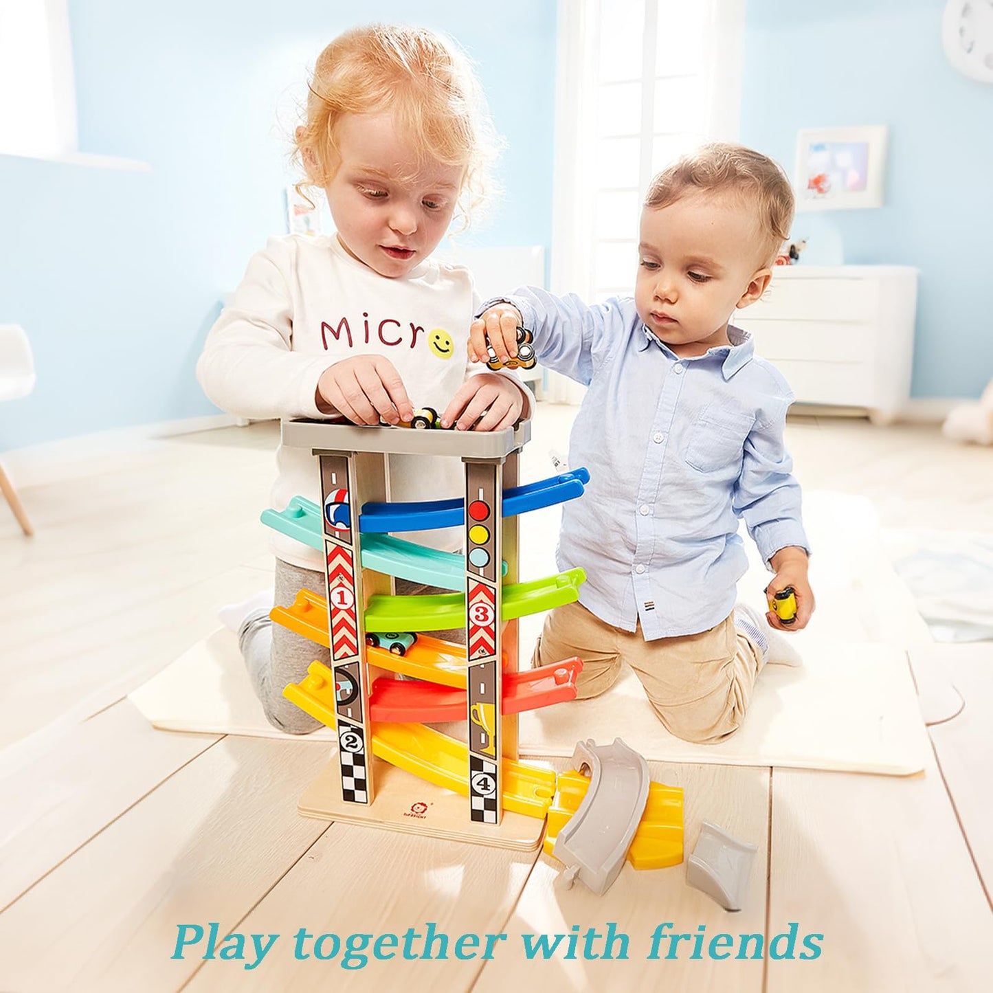 TOP BRIGHT Wooden Car Ramp Race Track Toy – Montessori Learning, 6 Mini Cars for Toddlers 1-4
