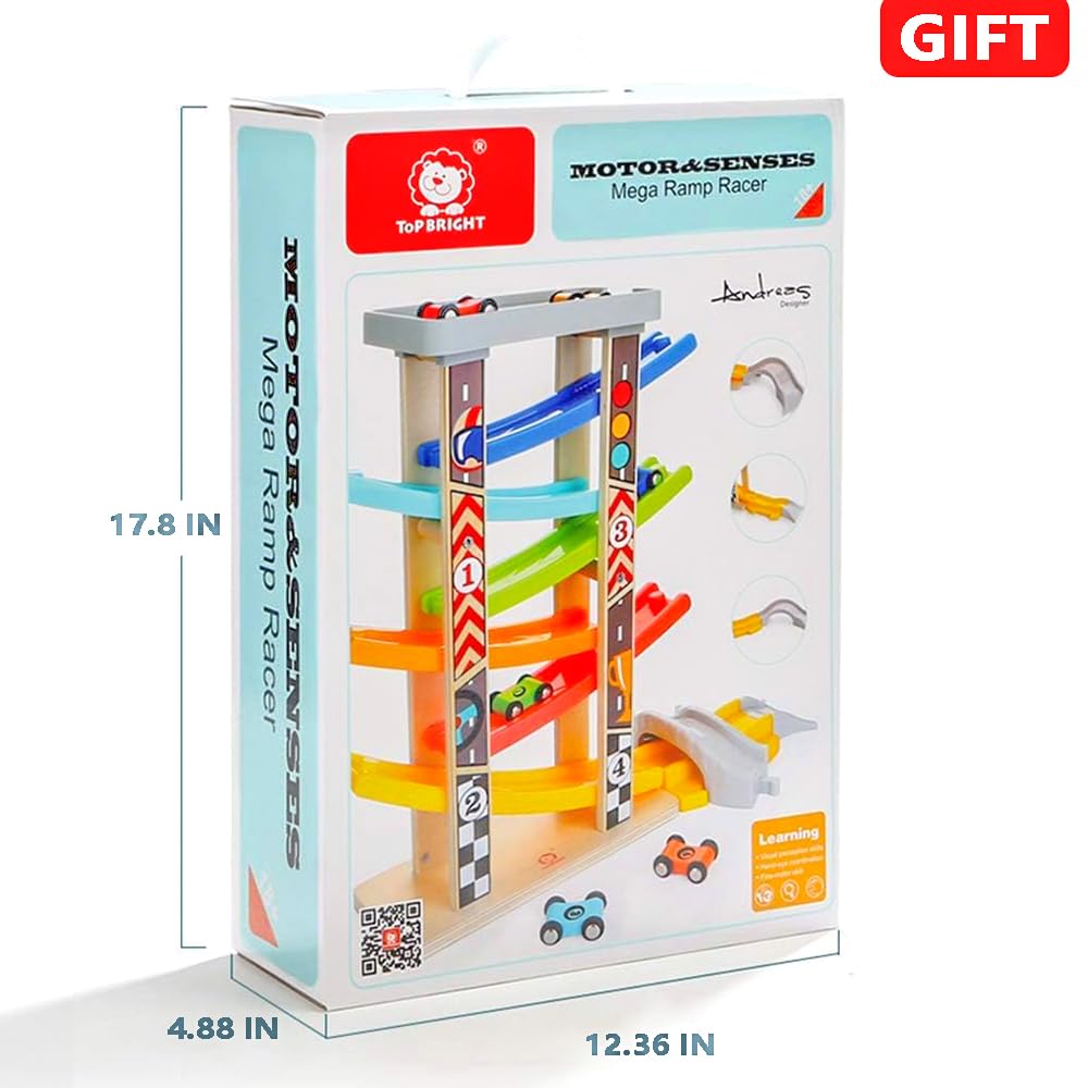 TOP BRIGHT Wooden Car Ramp Race Track Toy – Montessori Learning, 6 Mini Cars for Toddlers 1-4