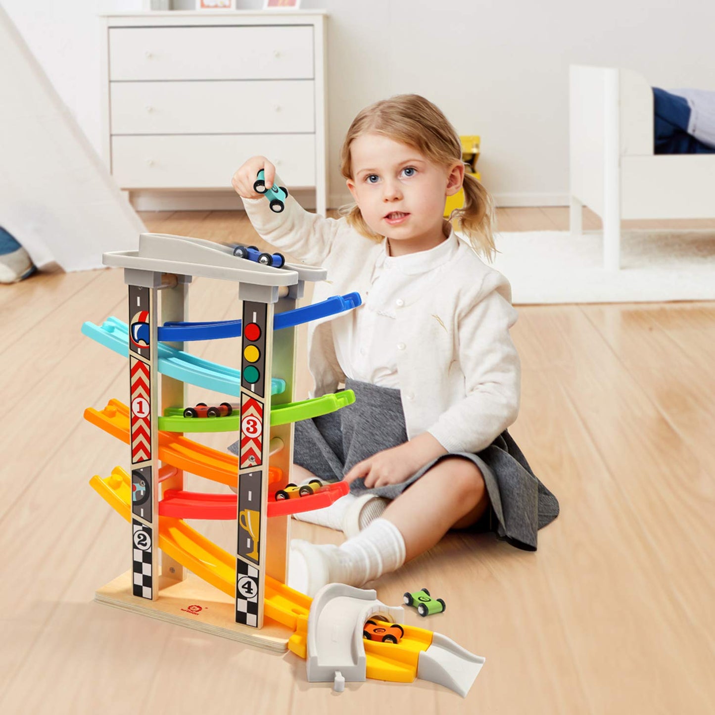 TOP BRIGHT Wooden Car Ramp Race Track Toy – Montessori Learning, 6 Mini Cars for Toddlers 1-4