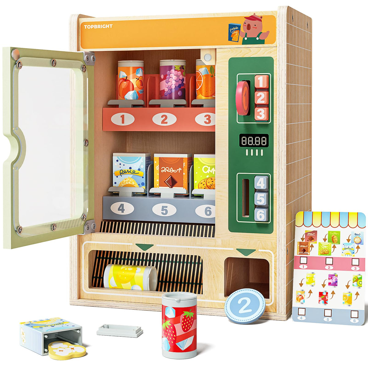 TOP BRIGHT Wooden Vending Machine Play Set – Montessori Pretend Play for Kids 3+
