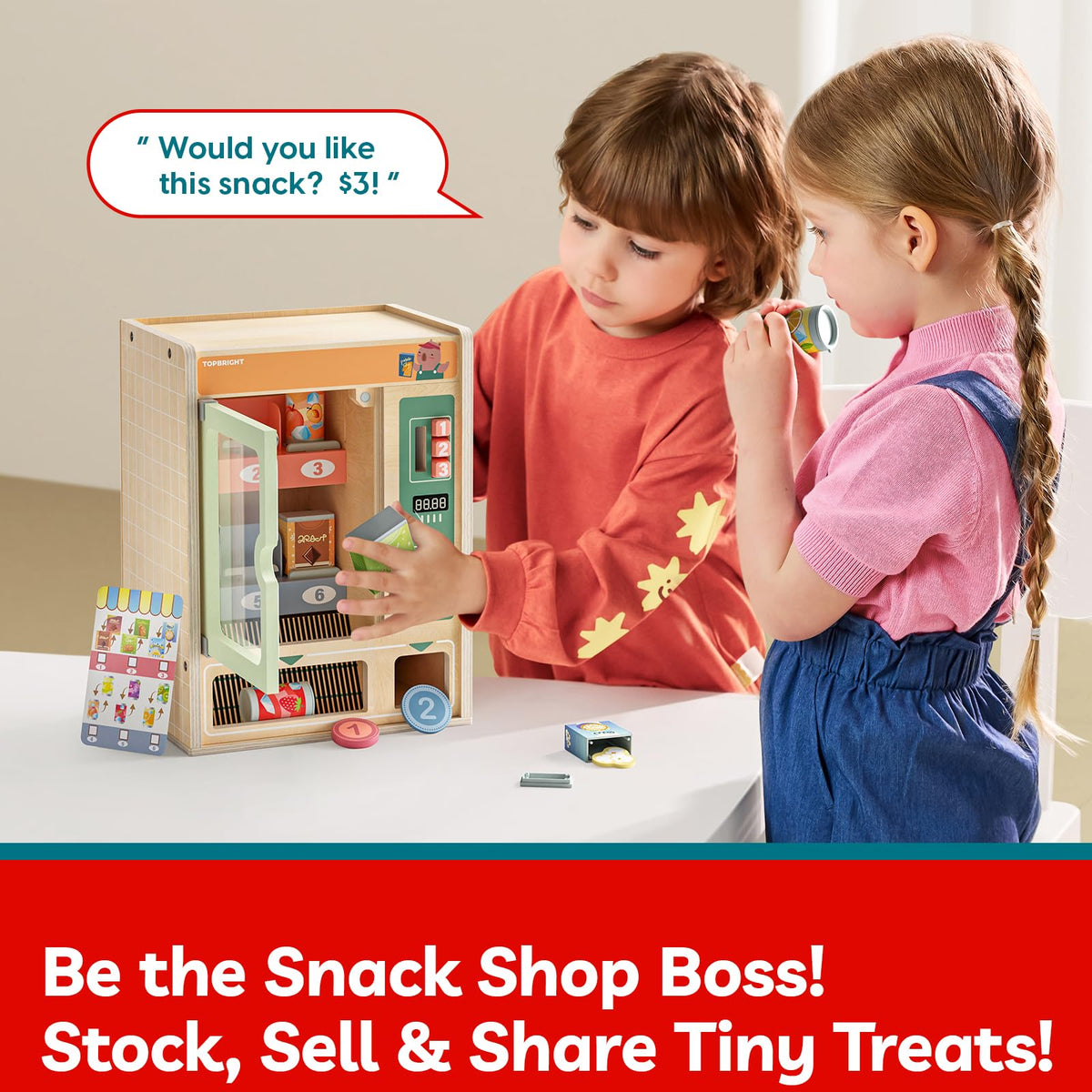 TOP BRIGHT Wooden Vending Machine Play Set – Montessori Pretend Play for Kids 3+