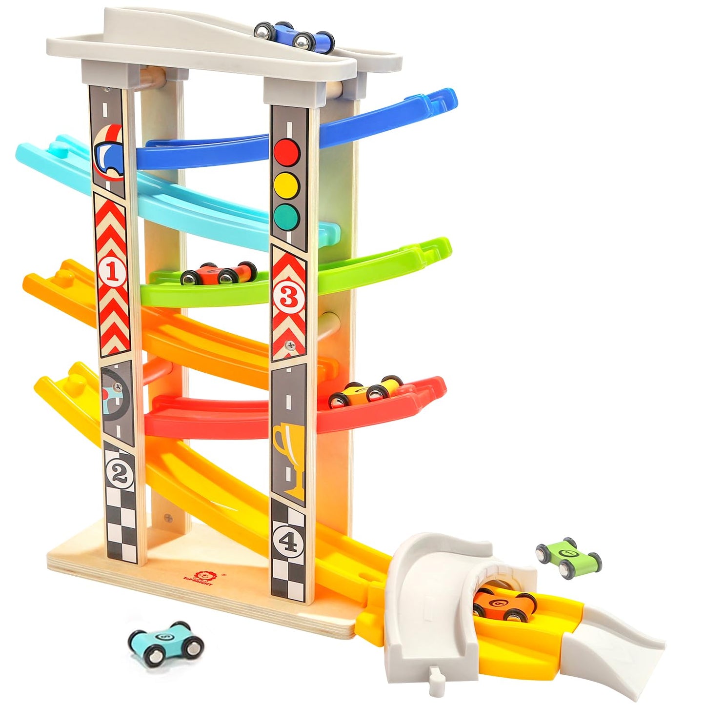 TOP BRIGHT Wooden Car Ramp Race Track Toy – Montessori Learning, 6 Mini Cars for Toddlers 1-4
