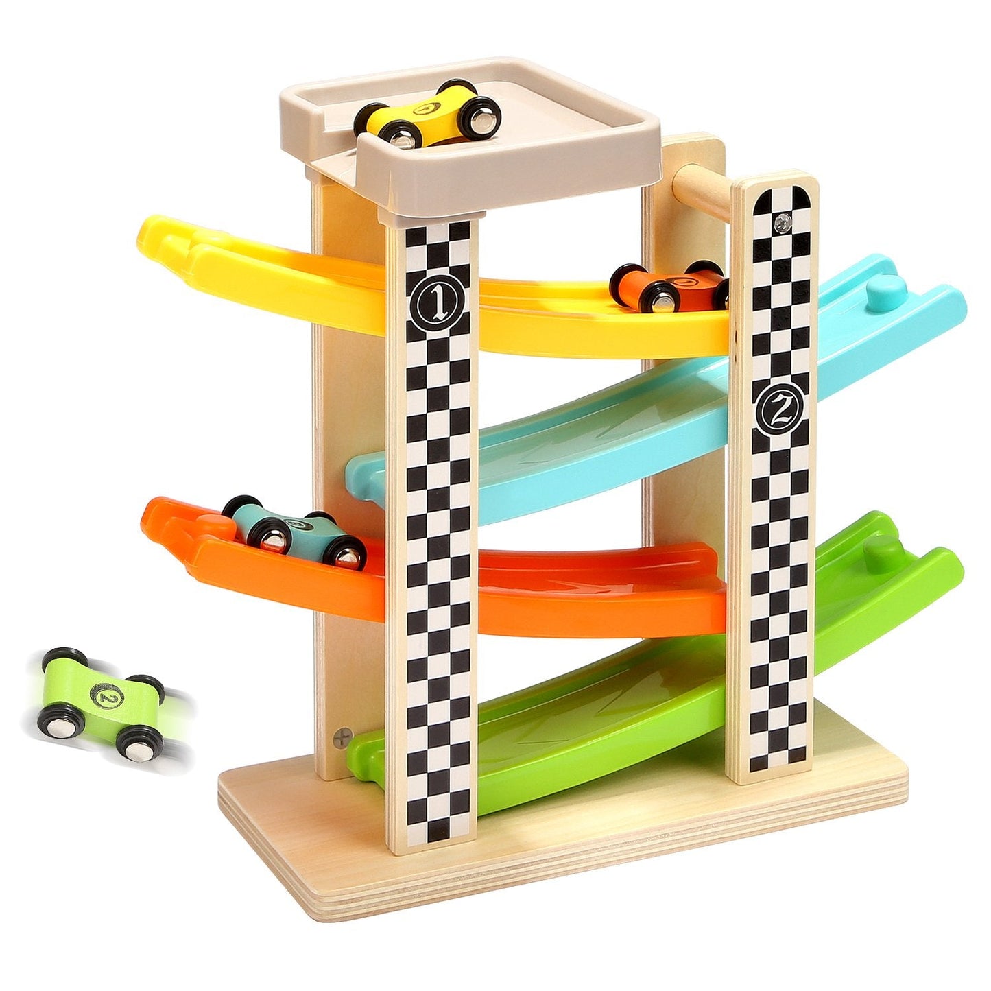 TOP BRIGHT Wooden Race Track Toy for 1-2 Year Olds – 4-Car Ramp Racer Gift