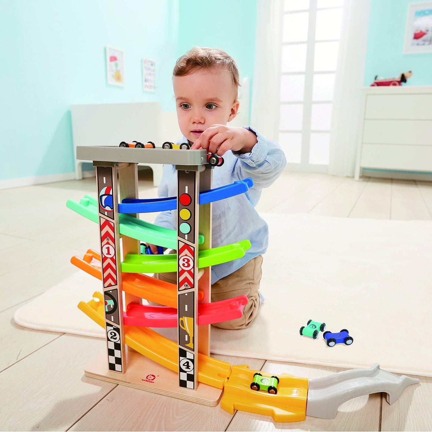 Top Bright Wooden Race Track Car Ramp Toys for Toddlers – 6 Mini Cars, Garage & Bridges