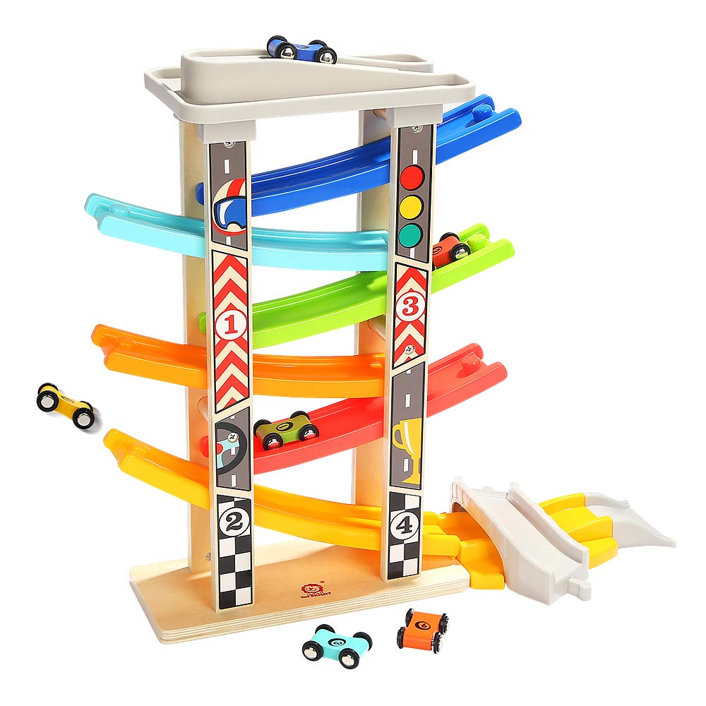 Top Bright Wooden Race Track Car Ramp Toys for Toddlers – 6 Mini Cars, Garage & Bridges