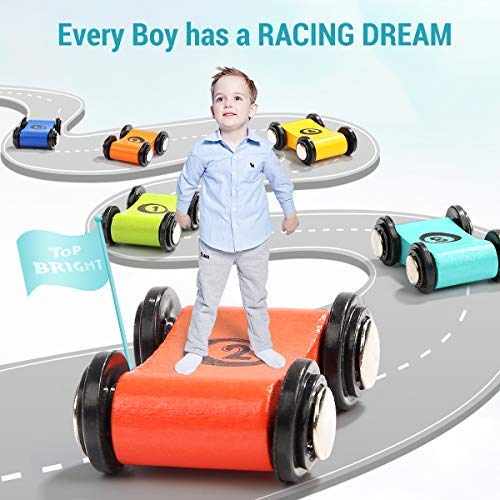 Top Bright Wooden Race Track Car Ramp Toys for Toddlers – 6 Mini Cars, Garage & Bridges