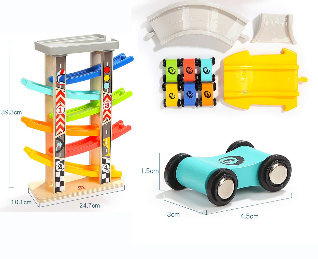 Top Bright Wooden Race Track Car Ramp Toys for Toddlers – 6 Mini Cars, Garage & Bridges