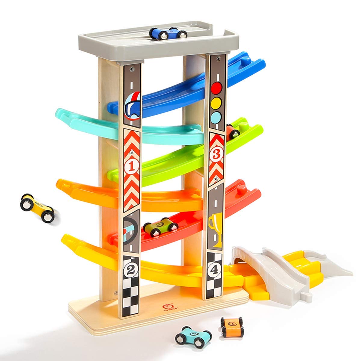 Top Bright Wooden Race Track Car Ramp Toys for Toddlers – 6 Mini Cars, Garage & Bridges