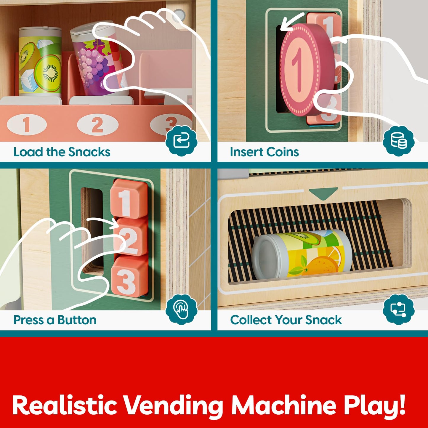 TOP BRIGHT Wooden Vending Machine Play Set – Montessori Pretend Play for Kids 3+