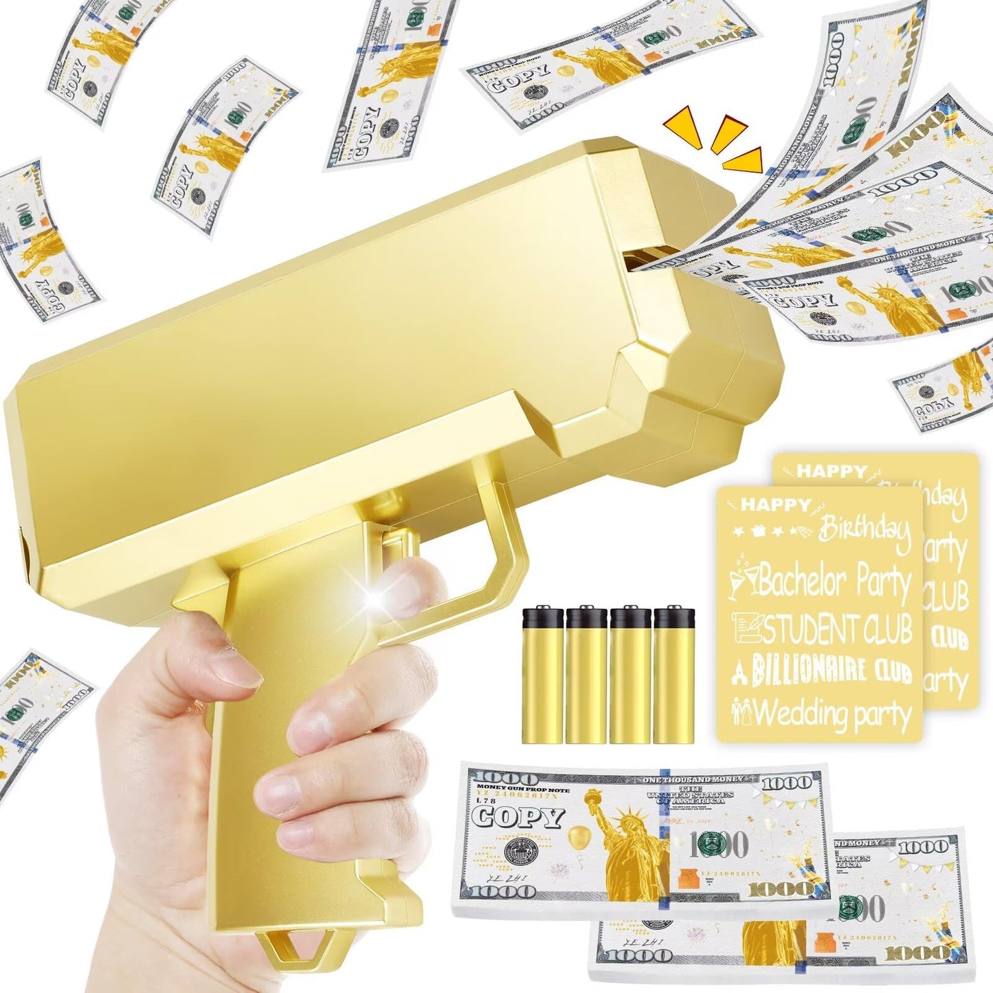 Topchild Gold Money Gun Shooter – 201 Props, 5 Stickers, 4 AA Batteries (No Real Function)