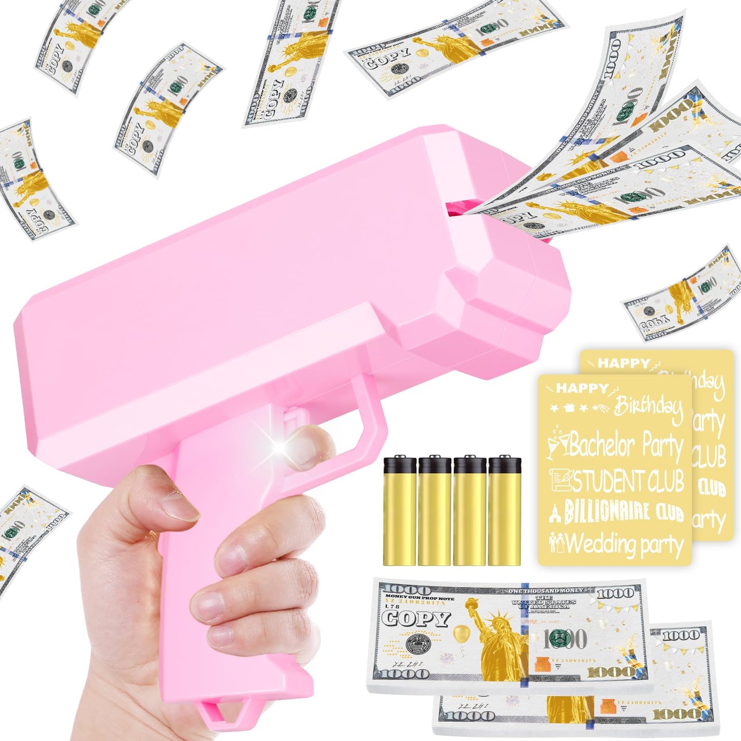Topchild Money Gun Toy – No Real Function, 201 Prop Papers, 5 Stickers, 4 AA Batteries