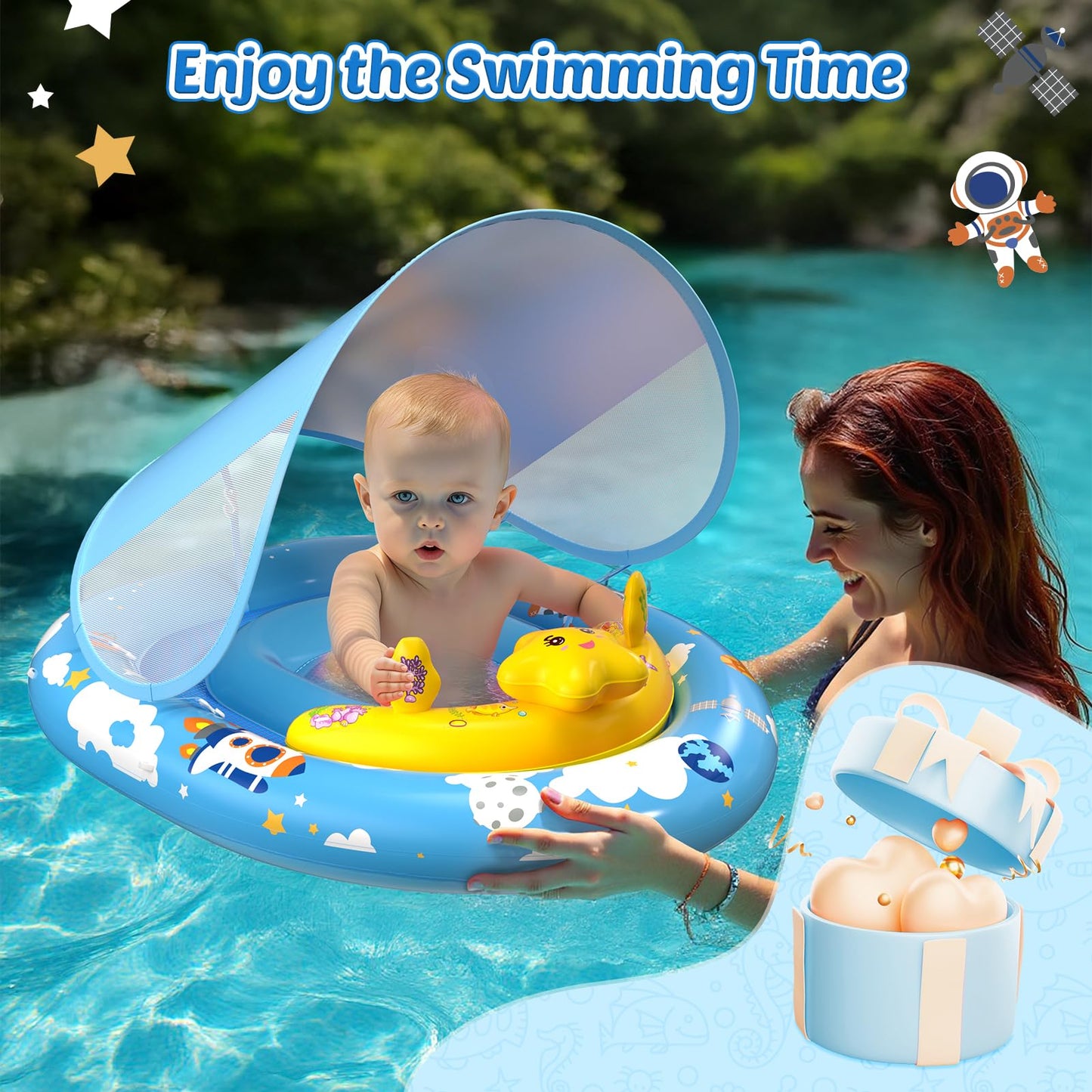 TOPCHASE Baby Pool Float with Canopy - UPF50+ Sun Protection & Toy Console (6–36 Months)
