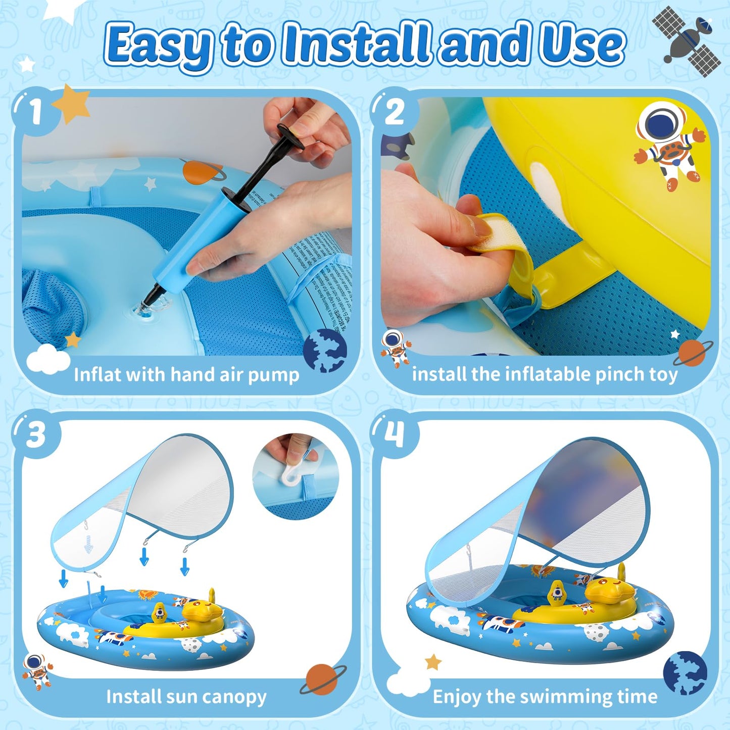 TOPCHASE Baby Pool Float with Canopy - UPF50+ Sun Protection & Toy Console (6–36 Months)
