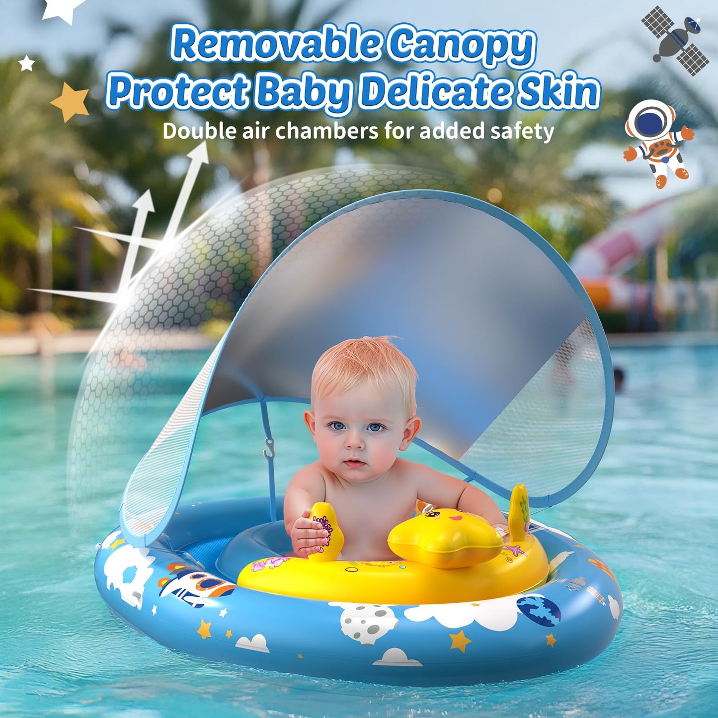 TOPCHASE Baby Pool Float with Canopy - UPF50+ Sun Protection & Toy Console (6–36 Months)