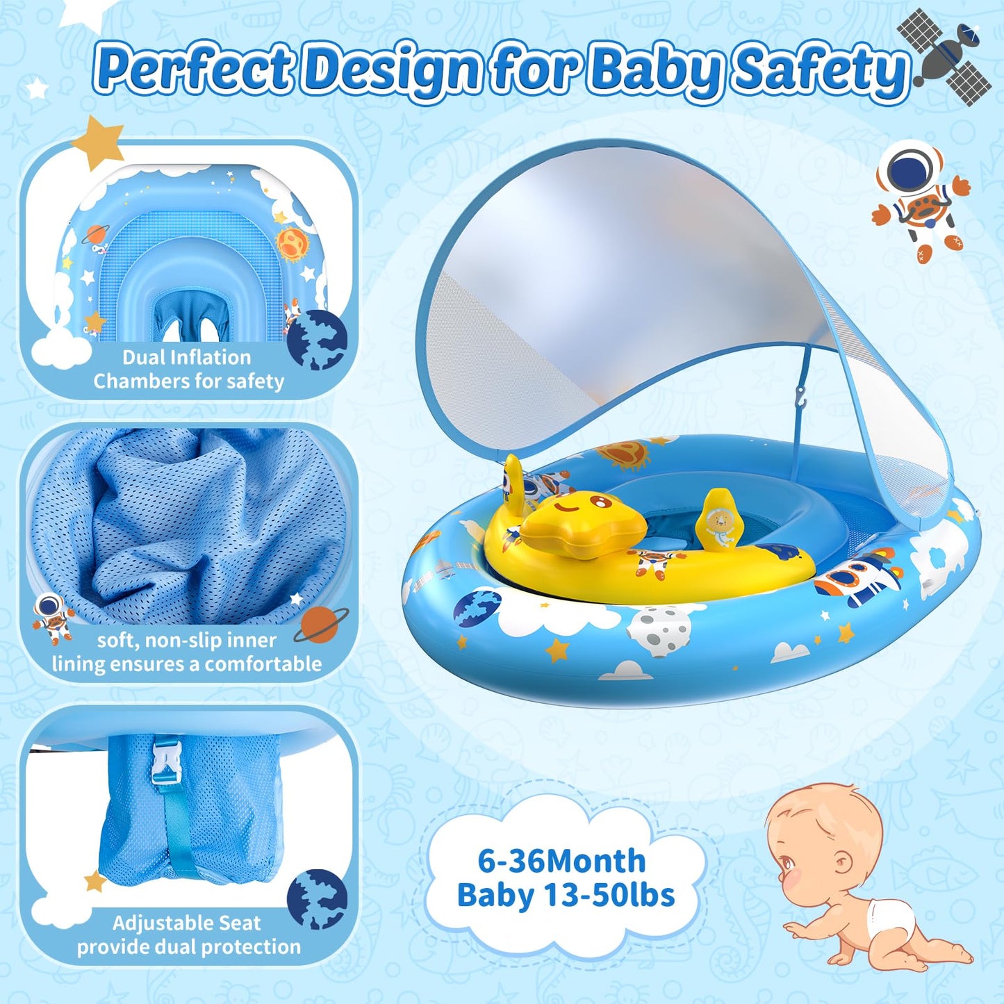 TOPCHASE Baby Pool Float with Canopy - UPF50+ Sun Protection & Toy Console (6–36 Months)