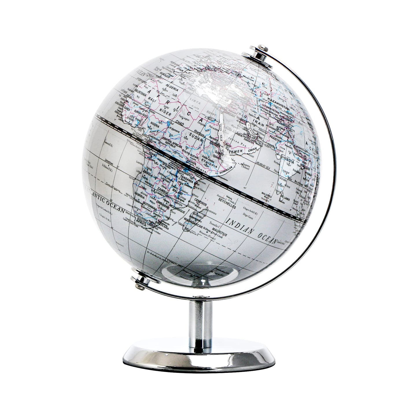 Topglobe 5.5-inch World Globe Silver – Educational Mini Globe with Stainless Steel Arc & Base