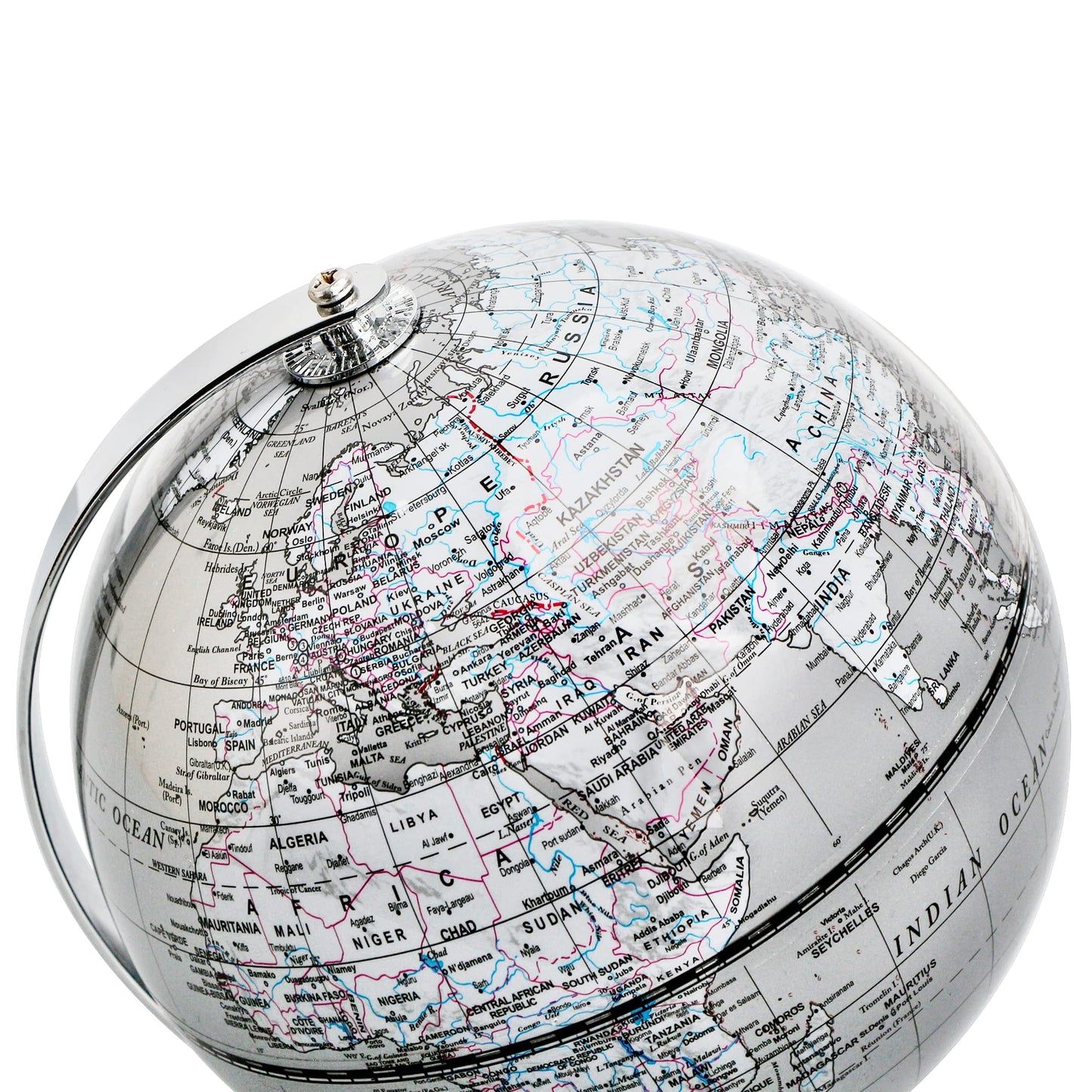 Topglobe 5.5-inch World Globe Silver – Educational Mini Globe with Stainless Steel Arc & Base