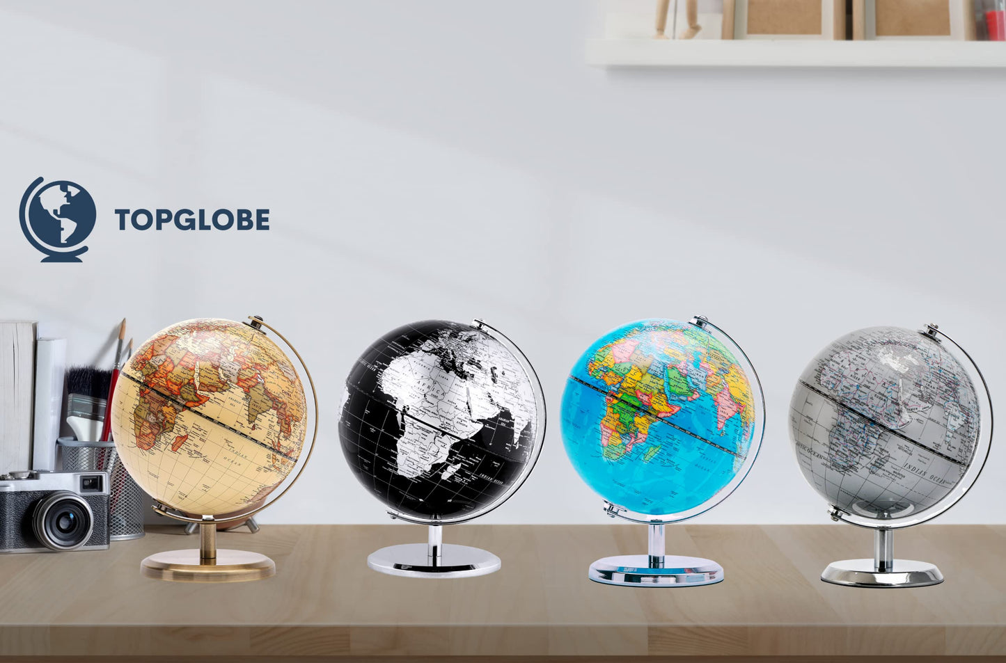 Topglobe 5.5-inch World Globe Silver – Educational Mini Globe with Stainless Steel Arc & Base