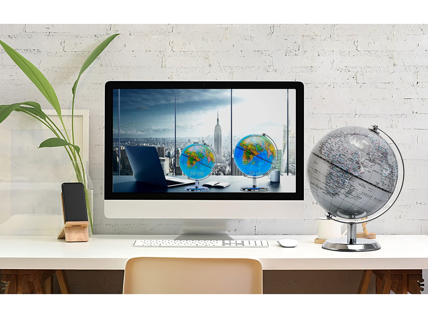 Topglobe 5.5-inch World Globe Silver – Educational Mini Globe with Stainless Steel Arc & Base