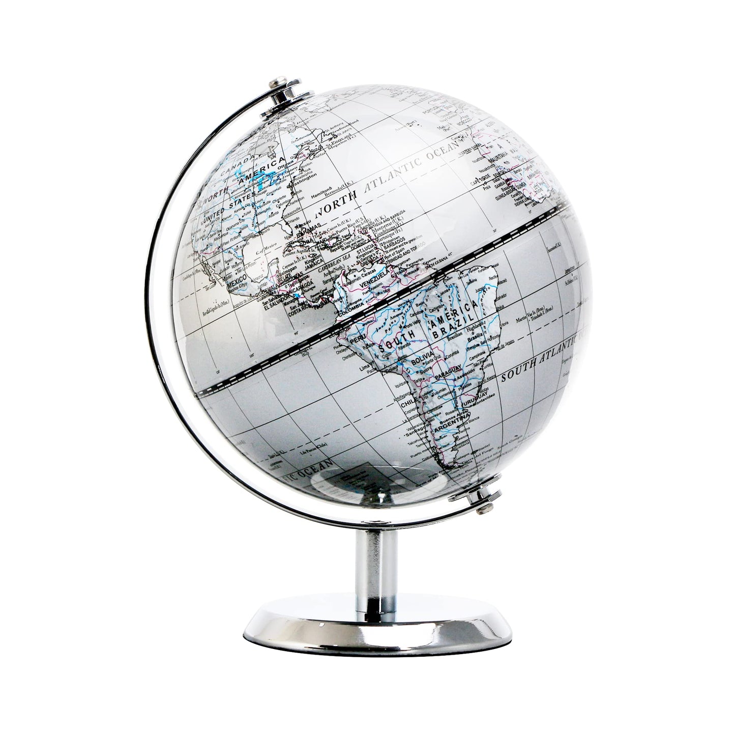 Topglobe 5.5-inch World Globe Silver – Educational Mini Globe with Stainless Steel Arc & Base