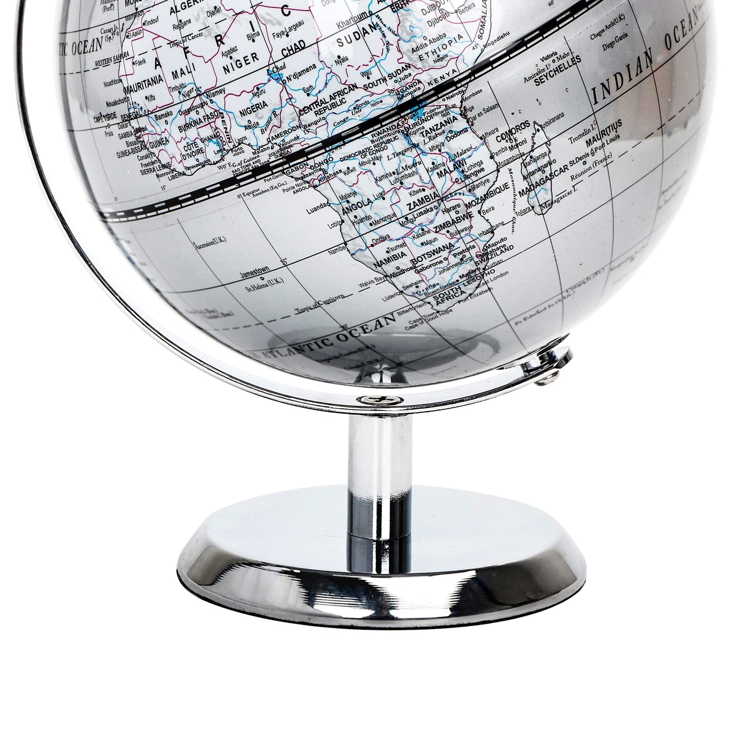 Topglobe 5.5-inch World Globe Silver – Educational Mini Globe with Stainless Steel Arc & Base