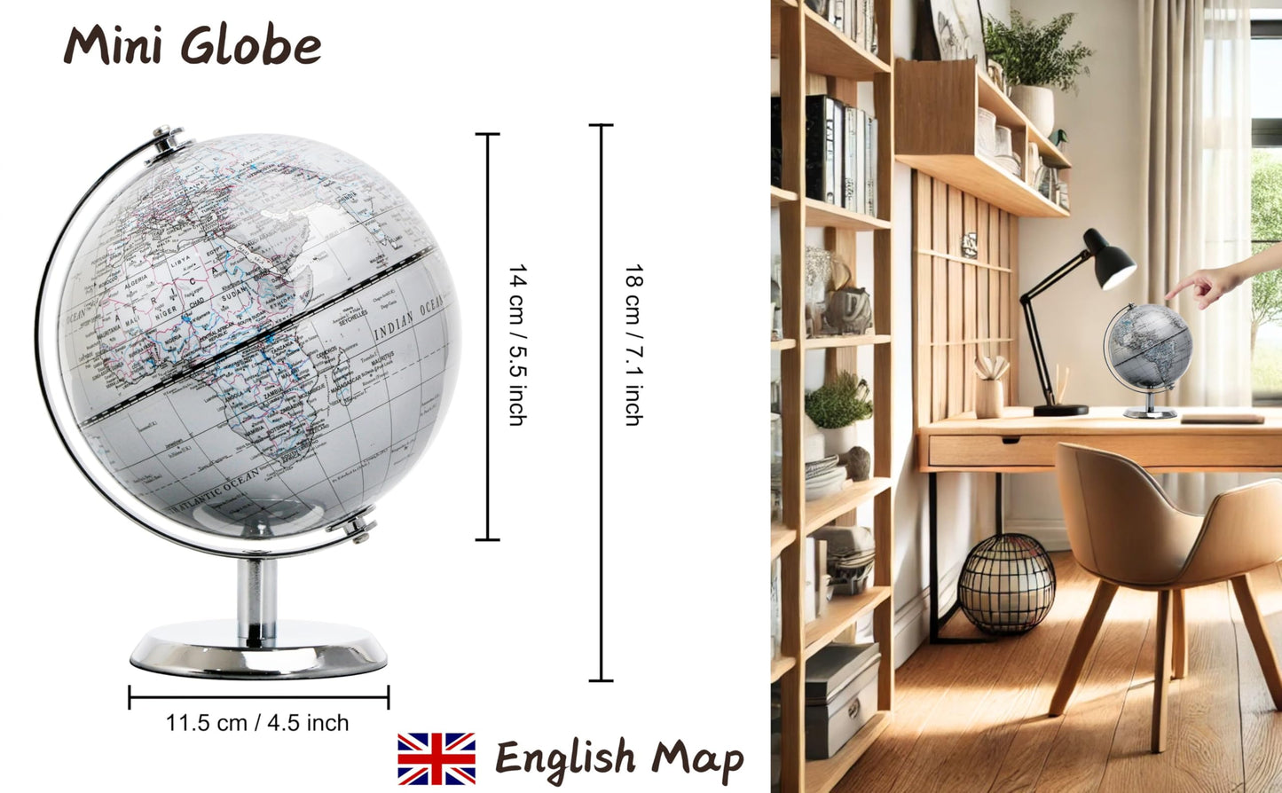 Topglobe 5.5-inch World Globe Silver – Educational Mini Globe with Stainless Steel Arc & Base