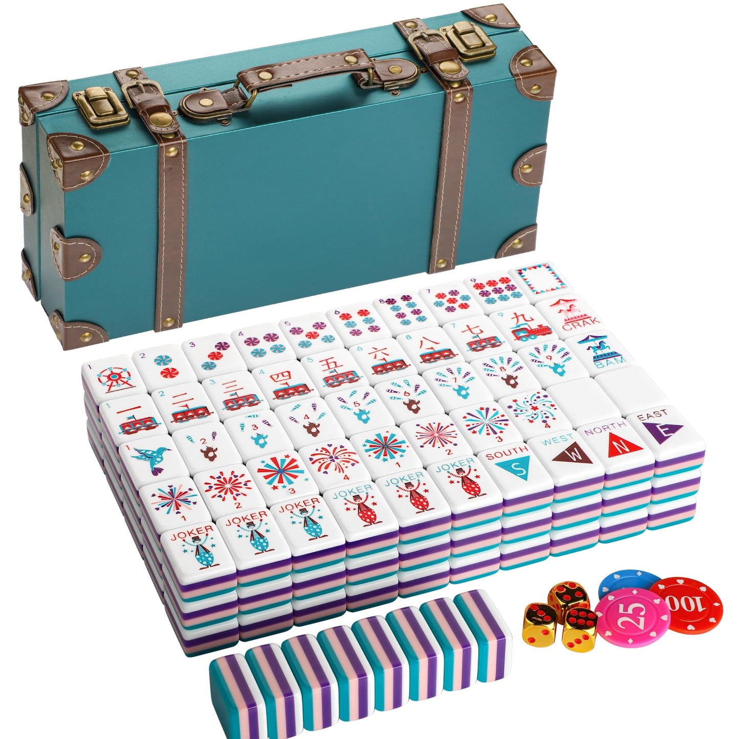 Topmahjing American Mahjong Tile Set – 166 4-Layer Colorful Tiles with Theme Park & Circus Design, 100 Chips, Leather Case