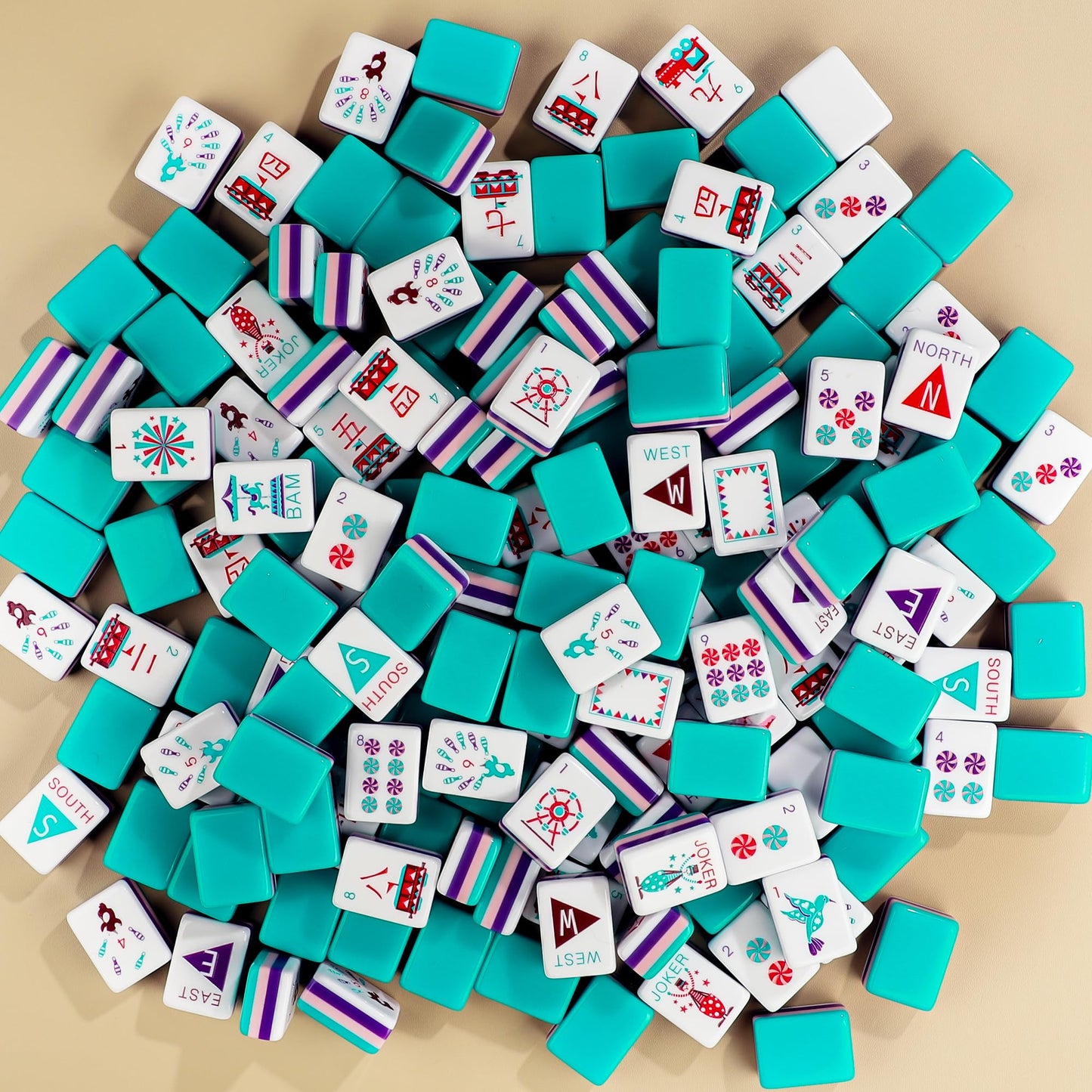 Topmahjing American Mahjong Tile Set – 166 4-Layer Colorful Tiles with Theme Park & Circus Design, 100 Chips, Leather Case